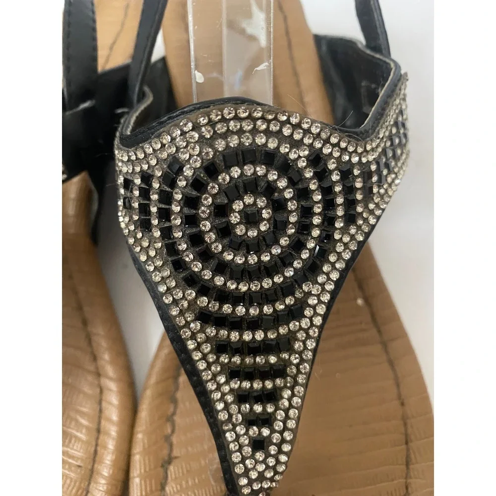 Nicole shoes‎ Black Rhinestone T-Strap Wedge Sandals Buckle Slingback Size 7M
